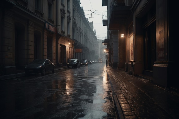 A street in the rain with a sign that says'the word cafe'on it