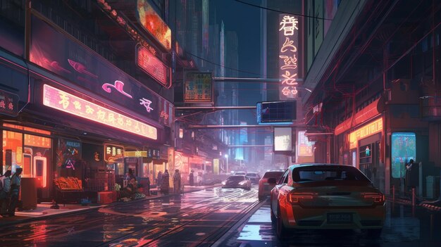 A street scene in cyberpunk style with neon signs and a car driving on the street.