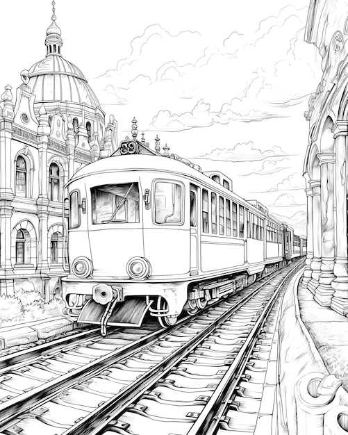 Street Scene and Train Coloring Page