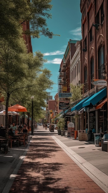 A street scene with a blue awning that says'the word cafe'on it