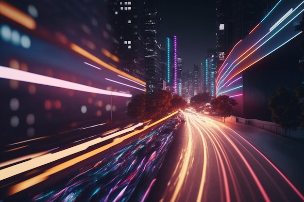 A street scene with a blurred image of a city street with lights on the side and a blurry image of a city street.