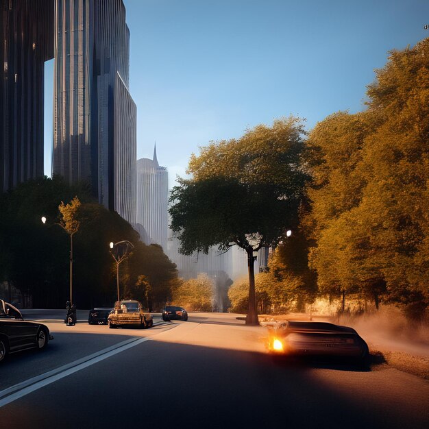 A street scene with a car driving down the road and a building with a light on it.