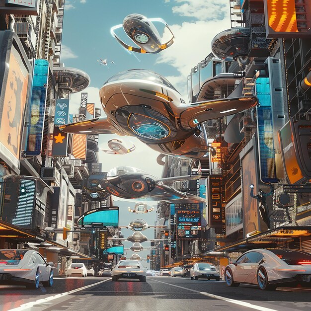 a street scene with cars and a sign that says quot futuristic quot