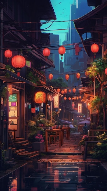 A street scene with a chinese restaurant and a building with lanterns.