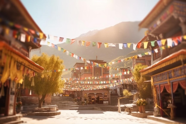 A street scene with flags for tibetan prayer flags hanging from the roof.