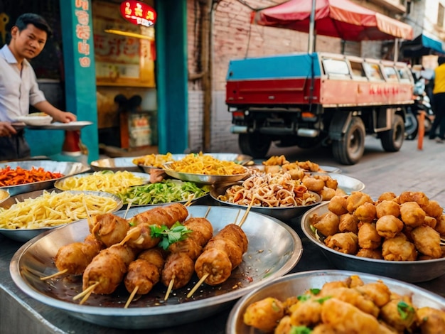 a street scene with food on the table and a man walking by