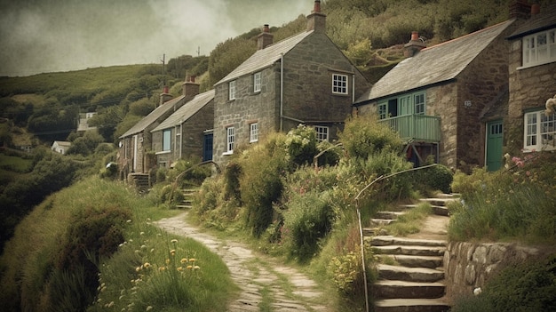 A street scene with a house on the left and a green house on the right.