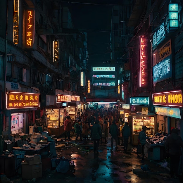 a street scene with a lot of neon signs and people walking around