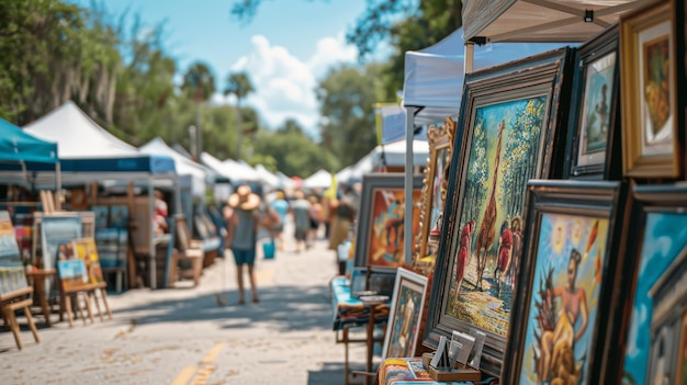 Photo a street scene with a lot of paintings on it