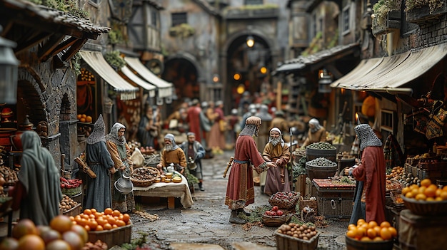 a street scene with a lot of people and fruit and vegetables