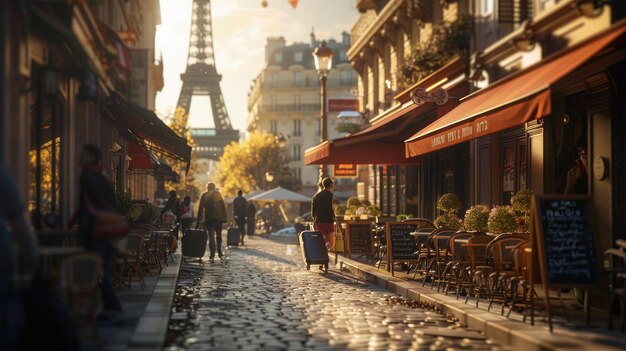 a street scene with a man carrying a suitcase and a sign that says eiffel tower