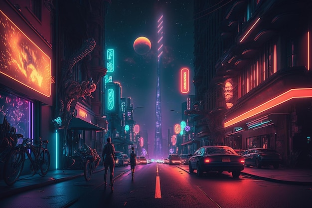 A street scene with a neon sign that says'cyberpunk '