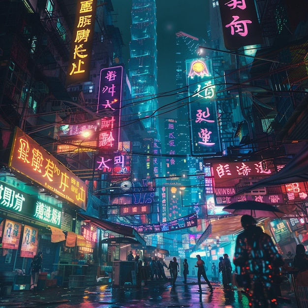 a street scene with a neon sign that says hong kong