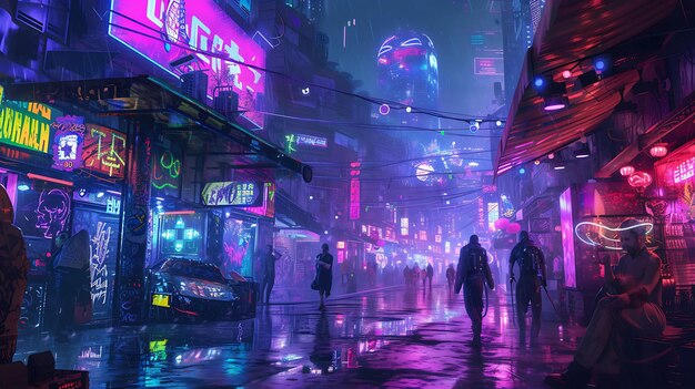 a street scene with a neon sign that says  night time