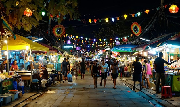 a street scene with people walking and a market with a colorful banner hanging from it