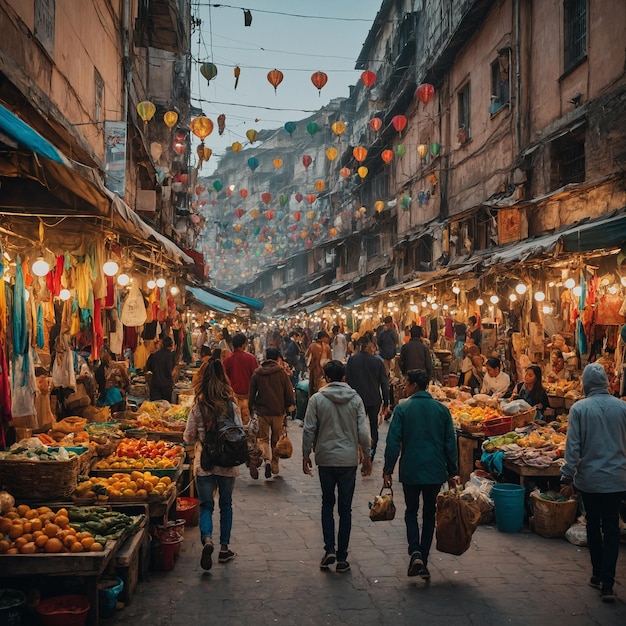 a street scene with people walking through a market with a hanging lantern