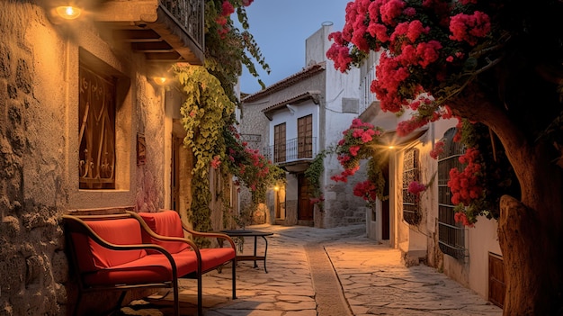 a street scene with a red bench and a red chair