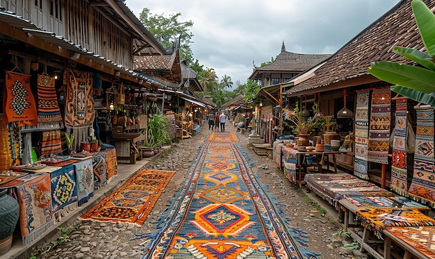 a street scene with a rug and a rug with a man walking on it