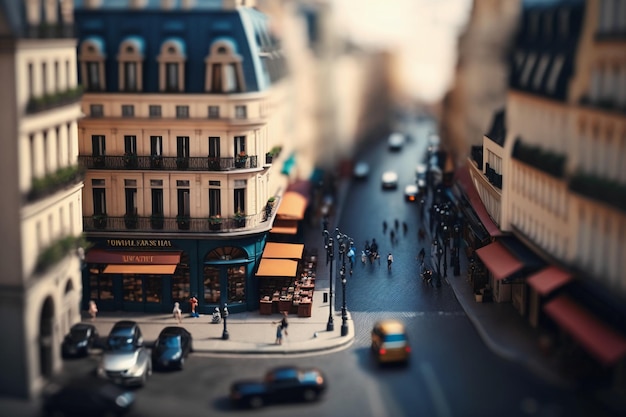 A street scene with a small cafe in the middle of it.