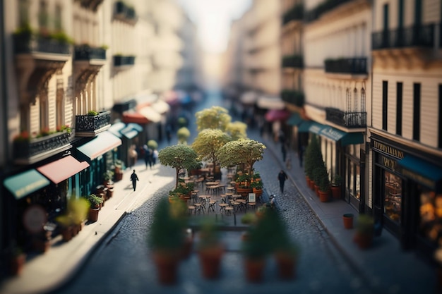 A street scene with a small cafe and people walking on it.