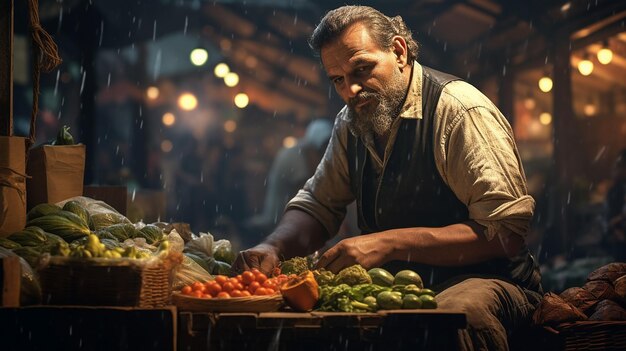 Photo street seller at market stall outdoor