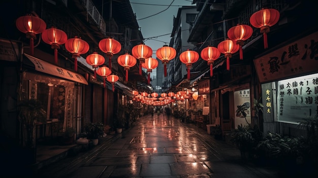 A street in shanghai with a chinese lantern hanging above it