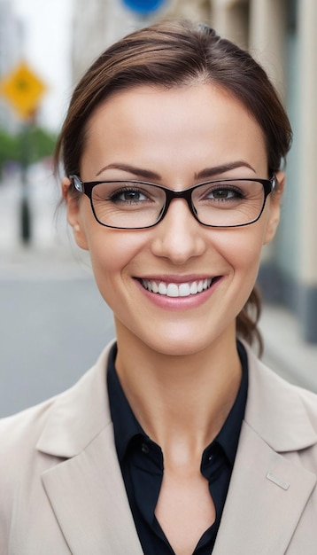 Street Style Confidence Smiling Businesswoman with Eye for Success