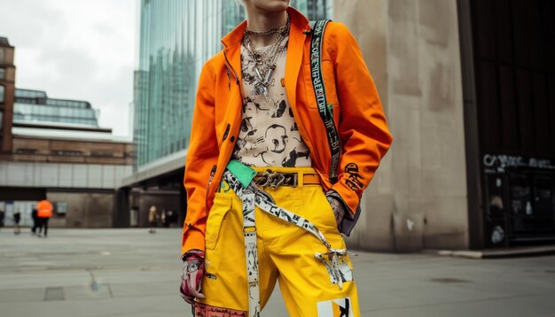 Photo street style orange jacket yellow pants