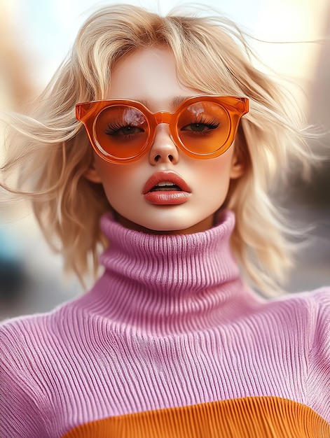 Photo street style outfit a platinum blonde supermodel wearing a lavender mohair turtleneck sweater