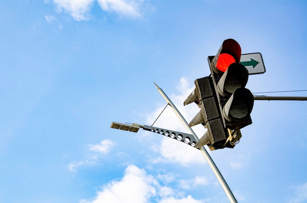 Street traffic light bottom view The red light is on