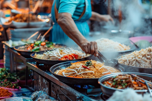 Photo street vendor of traditional thai food colorful stalls display a variety of thai dishes