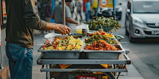 Street vendor with traditional food cart depicting local cuisine culture with copyspace