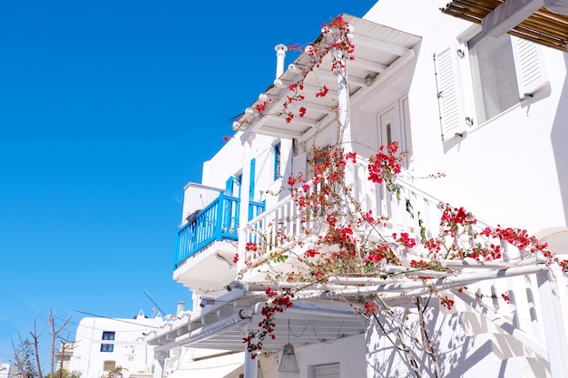 Street view of beautiful house town in Mykonos Island Greece.