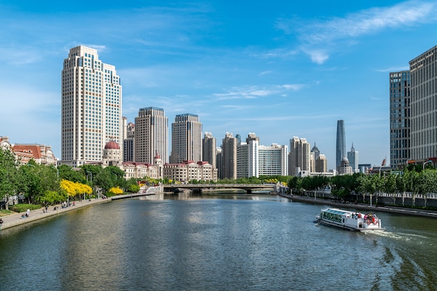 Street View of modern architecture along Haihe River in Tianjin