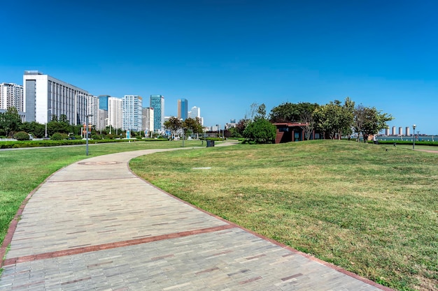 Street view of modern buildings in Qingdao West Coast New District