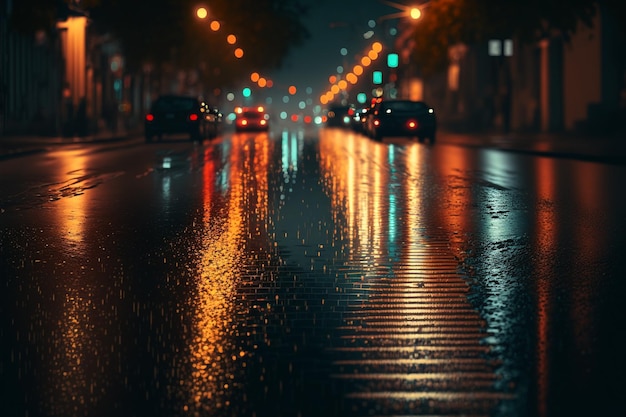 street view at night after rain, when it's wet, generative ai