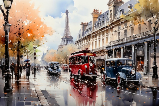 Street view of Paris with Eiffel Tower on background France Watercolor painting