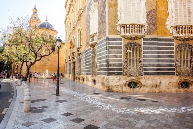 Street view with saint Juan church and museum of ceramics and decorative arts building in Valencia city, Spain