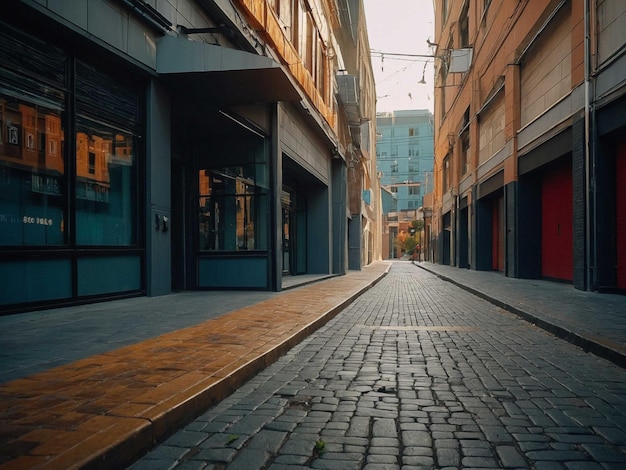 Photo a street with a brick sidewalk and a building with a red door