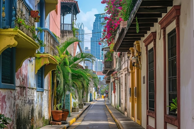 Photo a street with a building that has a plant on it