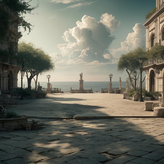 a street with buildings and a sky with clouds in the background