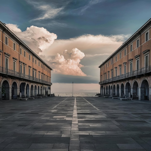 a street with buildings and a sky with clouds in the background