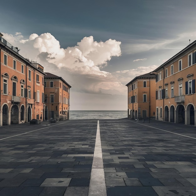 a street with buildings and a sky with clouds in the background