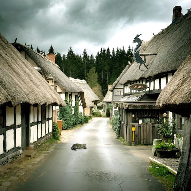 a street with a cat on the roof and a sign that says  the word  on it