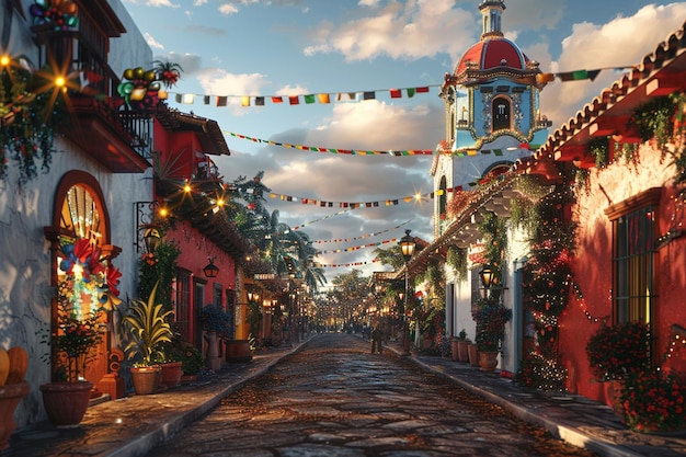 a street with a church and a clock tower with a banner hanging from it