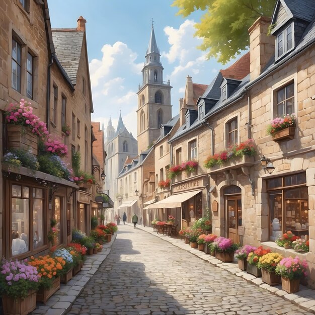 Photo a street with a clock tower and flowers in the background