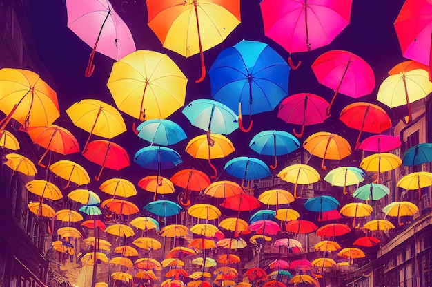 Street with colorful floating umbrellas 3D rendering raster illustration