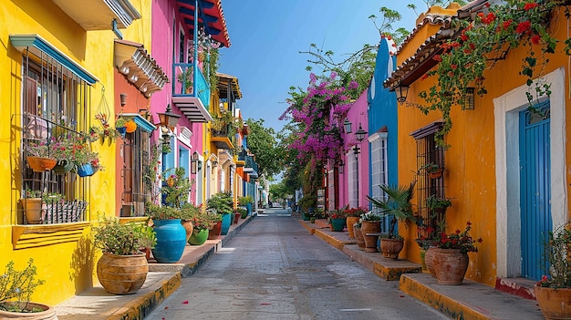 a street with colorful houses and a colorful building with a purple plant in the middle