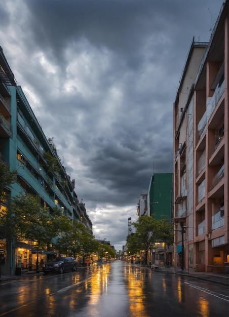 a street with a dark sky and a dark cloud