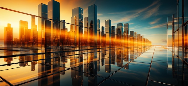 Street with dark tiles reflecting sky Skyline of modern buildings at sunset at backdrop Low angle view